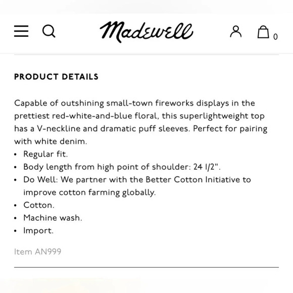 MADEWELL NWOT V-Neck Puff Sleeve Top in Summer Vines Hermitage Blue - Picture 10 of 10